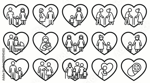 Vector family life cycle line icons inside heart shapes showing diverse demographic stages from pregnancy to elderly care, concept for social infographics, community programs and insurance