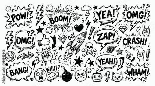 Collection of hand drawn comic speech bubbles and expressive pop art doodle icons with sound effect text on white background, concept for comic design, creative storytelling and pop art illustration
