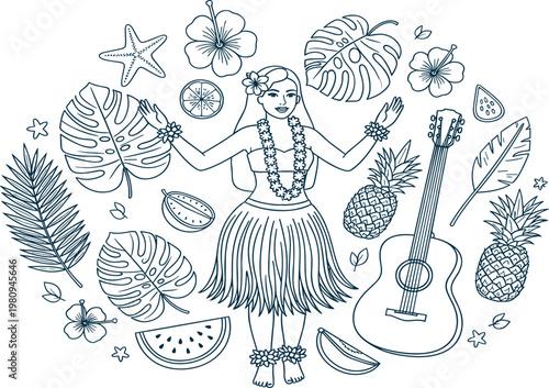Hand-drawn Hula dancer illustration with tropical foliage, hibiscus, pineapples, and ukulele, evoking a Hawaiian summer vacation vibe