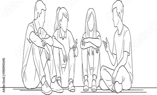 Group of people sitting together, casual conversation, social interaction, smartphone use, communication concept, cad drawing flat vector illustration