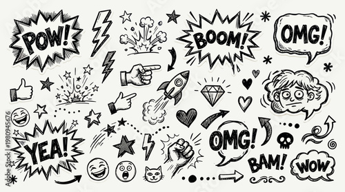 Sketchy hand drawn comic book doodle elements collection with various speech bubbles icons and explosion symbols, concept for pop art illustration, creative graphic design and storytelling
