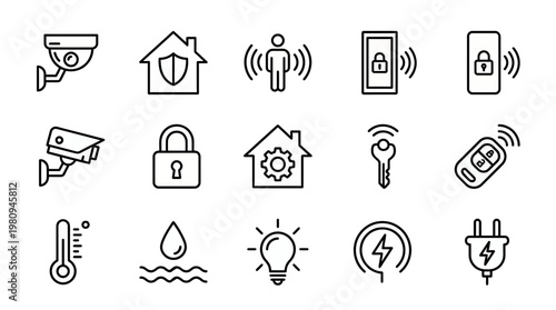 Minimalist black thin line icons set of smart home automation and security system devices on white background, concept for internet of things, residential surveillance and energy management