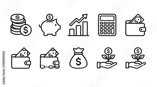 Minimalist set of financial black line icons featuring money bag, coins, piggy bank, calculator and growth chart, concept for accounting services, investment planning and banking business
