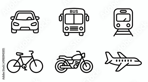 Minimalist black line transport icons of car bus train bicycle motorcycle and airplane on white background, concept for navigation apps, urban mobility infographics and travel web design