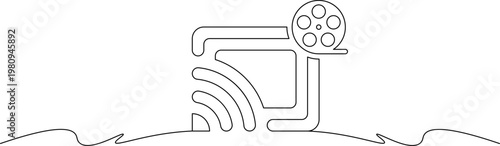 A minimalist line drawing of a film camera with a Wi-Fi signal emanating from it on a simple landscape