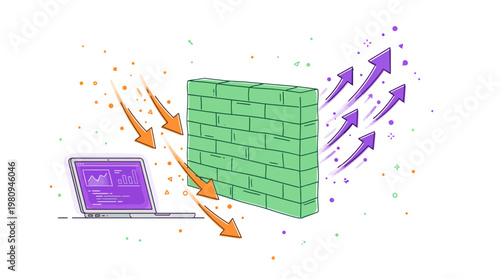 Laptop computer with a green brick wall blocking falling orange arrows and allowing purple arrows to rise, concept for network firewall, cyber security and data protection