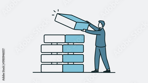 A cartoon man building a structure with blocks and adding a final piece