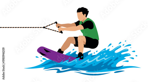 Professional male marketing manager wakeboarding on ocean waves with purple board and blue water splashes, concept for work life balance, professional leisure and corporate vacation