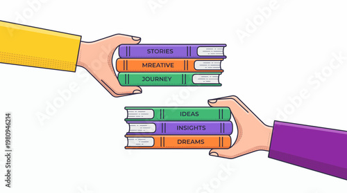 Marketing manager and creative writer hands exchanging colorful book stacks with labels like stories and ideas, concept for professional storytelling, knowledge sharing and project education