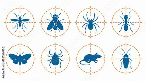 Blue pest silhouettes of mosquito fly spider ant moth tick rat and cockroach in orange target icons, concept for pest control service, extermination company and home hygiene advertising
