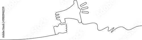 A minimalist line drawing of a hand holding a megaphone with a wavy line extending from it, symbolizing communication and public speaking.