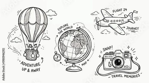 Hand drawn travel sketches of globe, airplane and camera with marketing manager in hot air balloon on white background, concept for professional journey, business trip and corporate vacation