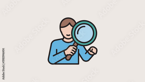 A cartoon man holding a magnifying glass and searching for something with a curious expression on his face.
