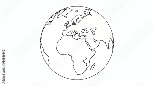 Minimalist black line drawing of planet Earth globe showing Africa and Europe on white background, concept for global environmental awareness, international logistics and sustainable future