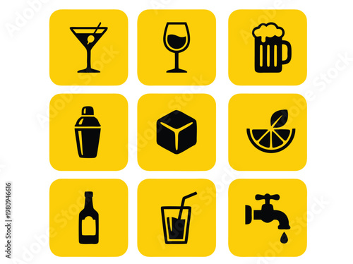 Collection of drink icons on yellow background.