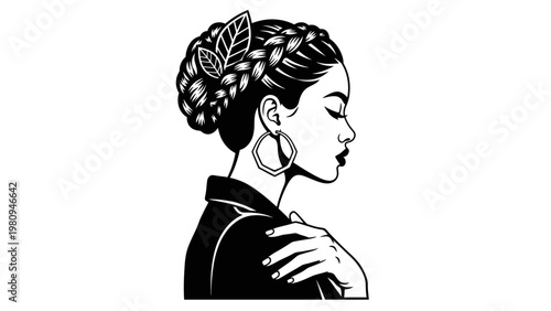 Elegant Black and White Portrait of a Woman with Braided Hair and Large Hoop Earrings