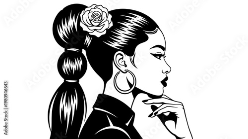 Elegant Woman Profile Silhouette with Rose in Hair and Large Hoop Earrings