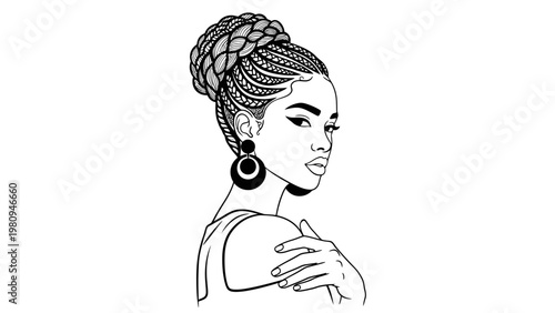 Elegant Black Woman with Braids Updo and Large Earrings, Profile View