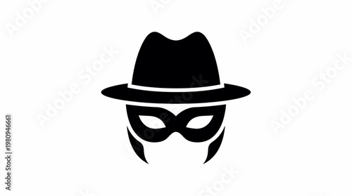 Black silhouette of mysterious masked secret agent wearing fedora hat on white background, concept for cyber security awareness, privacy protection and criminal hacking investigation