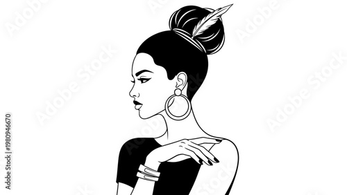 Elegant Woman Profile, Stylish Updo, Large Hoop Earrings, Minimalist Black and White Portrait