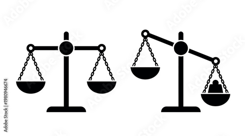Set of balance scales icons showing equilibrium and tipped weight with human silhouette on white background, concept for justice law system, human resources recruitment and social equality