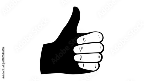 Black and White Thumbs Up Hand Gesture Icon, Approval Symbol, Like Sign
