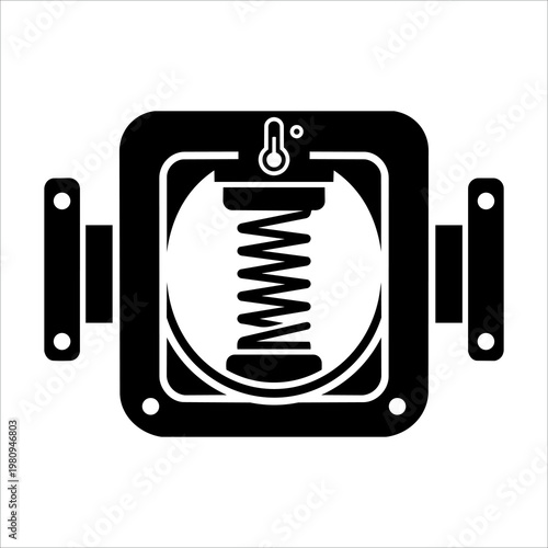 Solid Black Cutaway Spring Loaded Thermostat Valve with Thermometer Vector Icon 