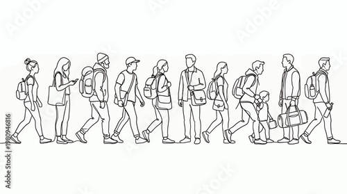 Continuous line drawing of diverse office workers and travelers walking with backpacks and bags, concept for urban commute, business mobility and professional workforce lifestyle