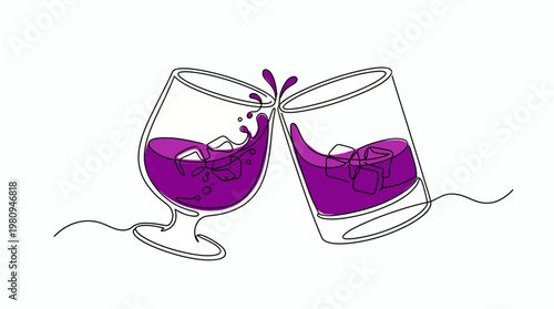 Continuous line drawing of two glasses clinking with purple cocktail and ice cubes on white background, concept for celebration party, luxury event and nightlife promotion