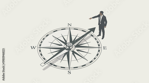 A businessman stands on a compass, pointing towards a new direction in life.