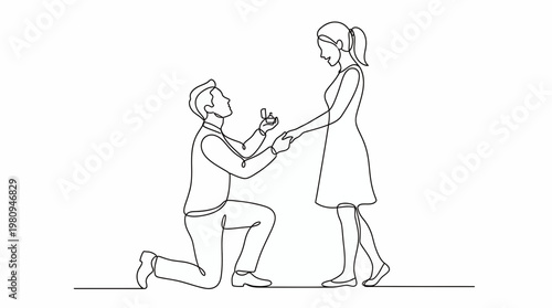 Young executive manager kneeling down proposing to a professional businesswoman with ring in continuous line drawing style, concept for romantic engagement, marriage proposal and wedding invitation