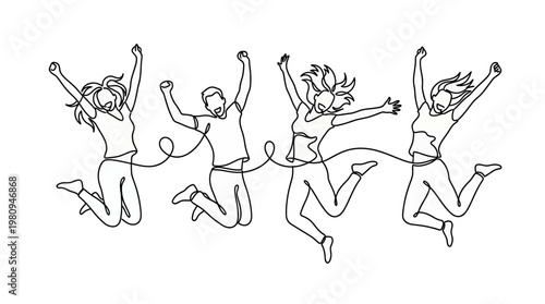Continuous line drawing of happy corporate team members and marketing executives jumping in joy, concept for business success, employee motivation and collaborative teamwork achievement