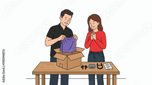 Happy ecommerce quality manager and logistics specialist unboxing a delivery package on a wooden table with electronic gadgets, concept for product review, consumer satisfaction and shipping logistics