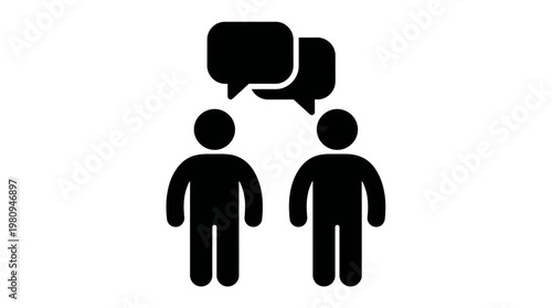 Two corporate executives engaging in professional dialogue with speech bubbles on a plain white background, concept for business communication, team collaboration and executive networking