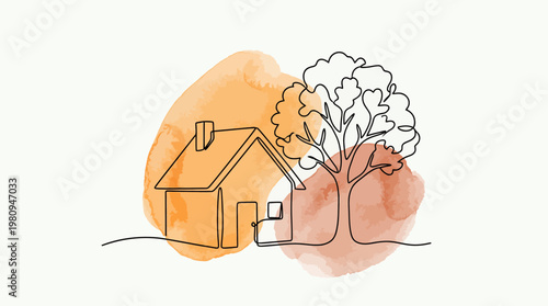 Minimalist single line art drawing of a house and leafy tree over orange watercolor splashes on white background, concept for real estate branding, eco friendly living and home insurance