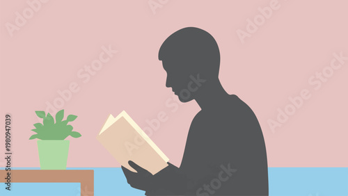 Man reads book at table with plant on pexels background