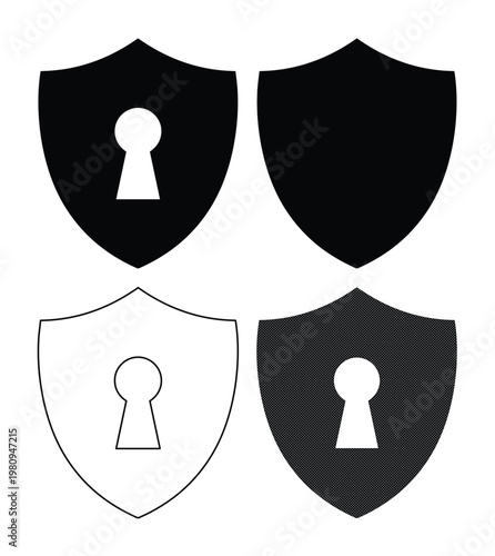Security shield vector icon set, digital protection and privacy symbols, cybersecurity graphic elements, data safety and secure access design assets for web and mobile interfaces.