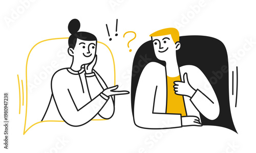 Doodle people, man and woman chatting. Social network. Communication, interaction. Modern vector linear illustration