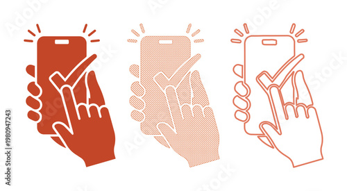 Mobile phone checkmark vector icon set, hand holding smartphone with success confirmation, digital approval and verification concept, modern technology interface elements for web and app design