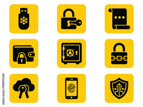 Cyber Security Icons Set Yellow Background.