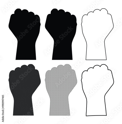 Raised fist vector icon set, powerful protest symbol, black and white solidarity graphic, human hand gesture for activism and empowerment