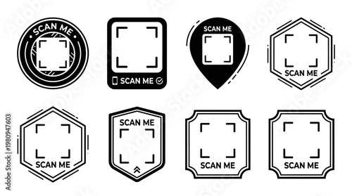 Collection of black and white QR code frame stickers with scan me text in various shapes on white background, concept for digital marketing, mobile payment and interactive product packaging labels