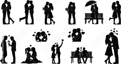 Romantic couple silhouettes, hugging, kissing, holding hands, love symbols with hearts, intimacy concept, cad drawing flat vector illustration