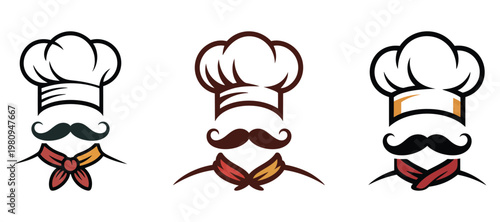 Set of minimalist chef icons featuring hat, mustache, and neckerchief, professional restaurant and culinary logo design elements