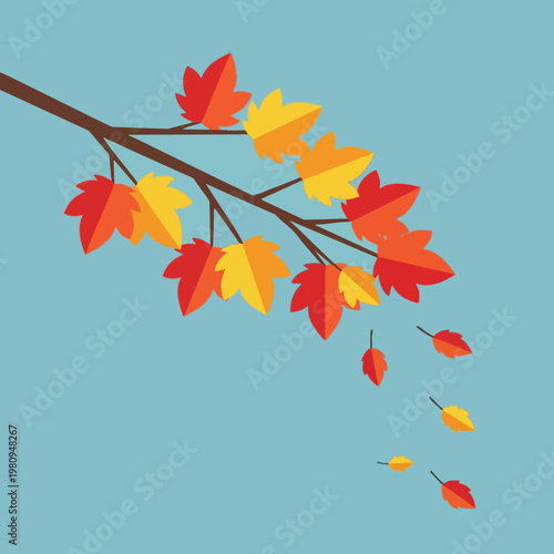 Colorful Autumn Leaves Falling from Tree Branch on Light Blue Background