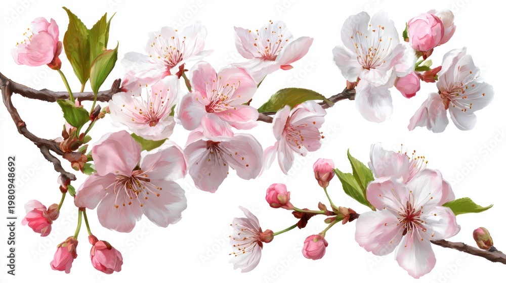 Fototapeta premium Delicate pink cherry blossom branch with detailed flowers against white background