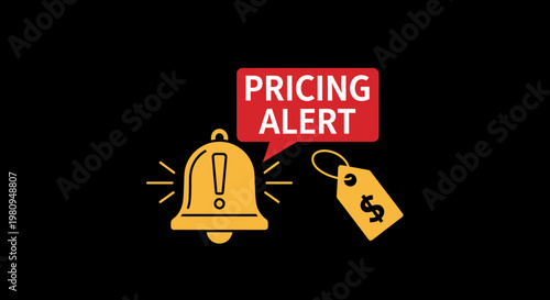 Dynamic illustration of a golden alert bell with exclamation mark and a price tag, signifying urgent pricing changes or exclusive deals in a digital context