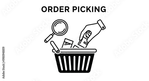 Efficient order picking process depicted with a magnifying glass and a hand placing items into a shopping basket, representing logistics and inventory management