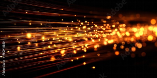 Glowing golden light streams streak across a dark background creating a sense of rapid motion.