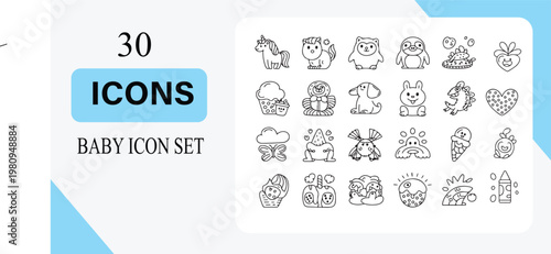 Baby icon set, 30 vector icons, baby symbols, nursery illustrations